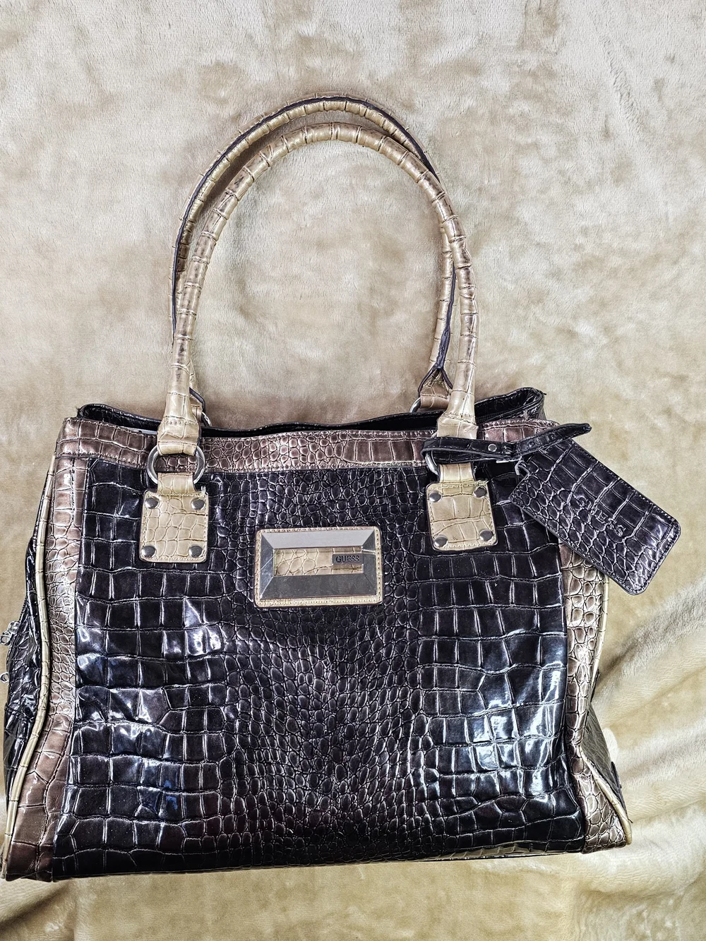 GUESS Metallic Black Croc-Embossed Tote and Satchel Set